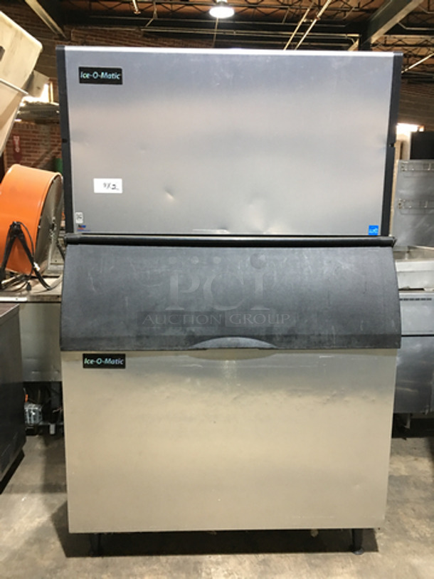 SWEET! Ice-O-Matic Ice Machine! On Ice-O-Matic Ice Bin! All Stainless Steel! On Legs! Model: ICE1406HA7 SN: 16111280011786 208/230V 60HZ 4 Phase