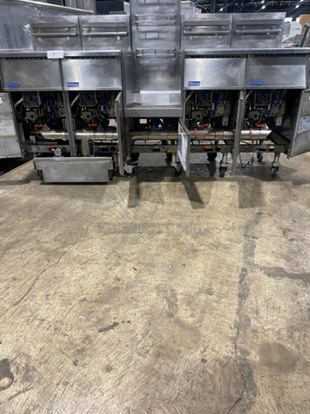 FAB! Pitco Frialator Commercial Natural Gas Powered 4 Bay Deep Fat Fryer! With Middle Fryer Basket Rack! With Oil Filter System! All Stainless Steel! On Casters! WORKING WHEN REMOVED! Model: SGH50 SN: G10HC034159 - Image 8 of 12