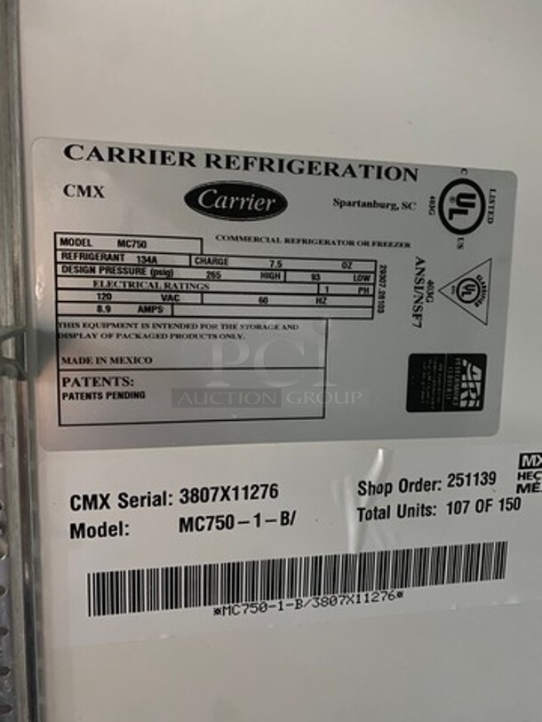 Carrier Commercial Single Door Reach In Refrigerator Merchandiser! With View Through Door! With Poly Coated Racks! Model: MC750 SN: 3807X11276 120V 60HZ 1 Phase - Image 6 of 9