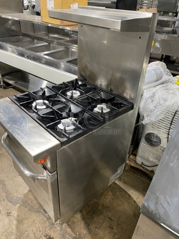 Nice! LATE MODEL! Sierra Commercial Natural Gas Powered 4 Burner Stove! With Raised Back Splash And Salamander Shelf! With Oven Underneath! All Stainless Steel! On Legs! - Image 2 of 11