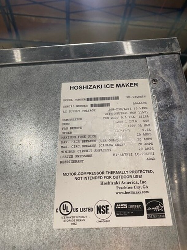 ALL ONE MONEY! Hoshizaki Commercial Ice Maker Machine! With Commercial Ice Bin! All Stainless Steel! On Legs! Model: KM1340MRH SN: A04669G 208/230V 60HZ 1 Phase - Image 5 of 10