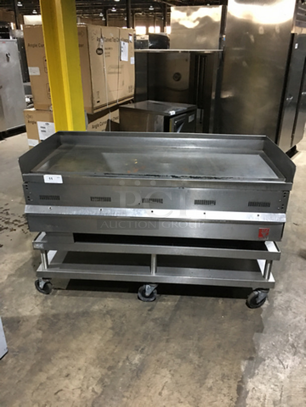 GORGEOUS! Wolf Heavy Duty Commercial Flat Griddle! On Heavy Duty Equipment Stand! With Back And Side Splashes! All Stainless Steel! On Casters! Model: IRC60C SN: 481606006 120V 60HZ 1 Phase