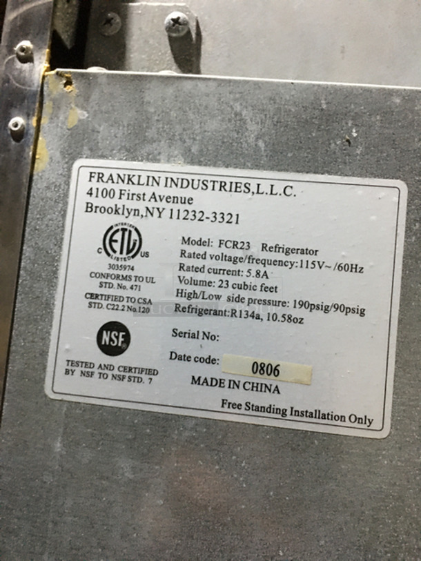 Franklin Commercial Single Door Reach In Refrigerator! With Poly Coated Racks! Solid Stainless Steel! On Casters! Model: FCR23 115V 60HZ - Image 7 of 8