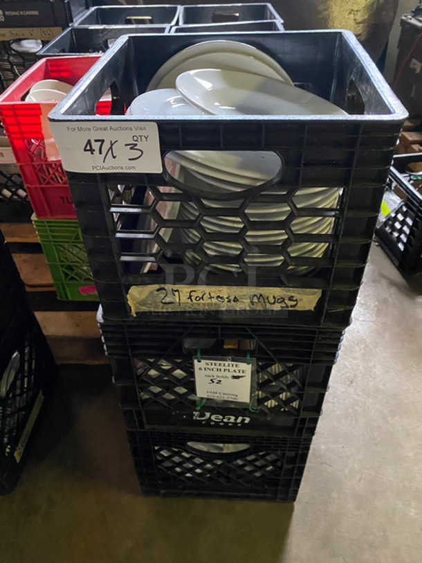 Assorted Size And Style Dishware! Includes Black Poly Crates! 3x Your Bid!
