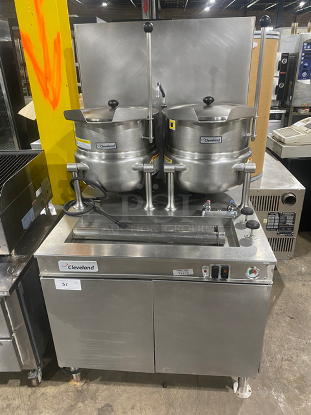 WOW! Cleveland Natural Gas Powered Commercial Double Tilted Kettle Cabinet Assembly! With 2 10 Gallon Kettles! All Stainless Steel! On Legs! Model: 36GMK1010200 SN: 1411230000835 115V 60HZ 1 Phase