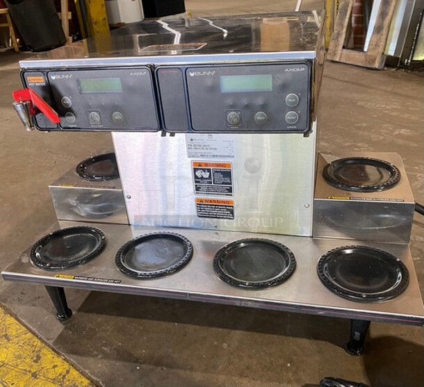 Bunn Commercial Countertop Coffee Brewing Machine! With 6 Pot Warmers! With Hot Water Dispenser! All Stainless Steel! Model AXIOM0/6TWIN Serial AXTN033120! 120/208-240V 1Phase! On Legs!  - Image 1 of 6