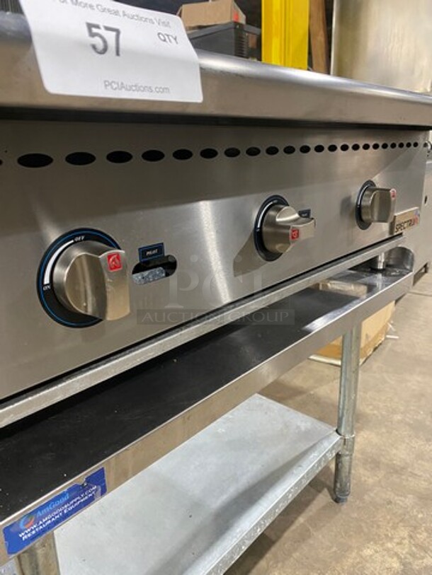 LATE MODEL! 2021 Spectrum Commercial Countertop Natural Gas Powered Char Broiler Grill! With Back And Side Splashes! On Small Legs! On Equipment Stand! With Storage Space Underneath! All Stainless Steel! On Legs! Model: NGCB36R SN: NGCB365040001116 - Image 7 of 10