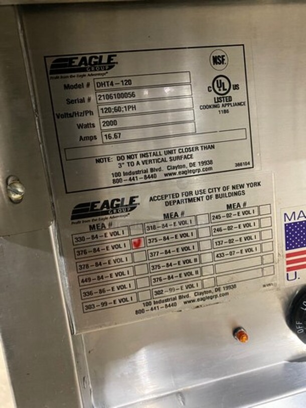 NICE! Eagle Commercial Electric Powered 4 Well Steam Table! With Storage Space Underneath! All Stainless Steel! On Legs! Model: DHT4120 SN: 2106100056 120V 60HZ 1 Phase! Working When Removed! - Image 8 of 9