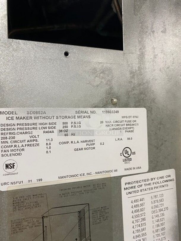 Manitowoc Commercial Ice Maker Machine! With Commercial Ice Bin! All Stainless Steel! On Legs! Model: SD0852A SN: 110603249 208/230V 60HZ 1 Phase - Image 5 of 8