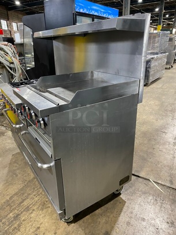 FAB! CPG Commercial Natural Gas Powered 6 Burner Stove With Right Side Flat Griddle And Cheese Melter Combo! Griddle Has Side Splashes! With Raised Back Splash And Salamander Shelf! With 2 Oven Underneath! Metal Oven Racks! All Stainless Steel! On Casters! SN: 01210402 - Image 2 of 12