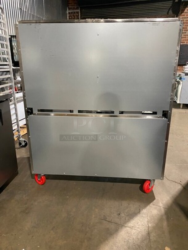 AWESOME! NEW! Migali Commercial Natural Gas Powered 4 Burner Stove With Flat Griddle! Flat Griddle Has Side Splashes! With Raised Back Splash And Salamander Shelf! With 2 Oven Underneath! Metal Oven Racks! All Stainless Steel! On Casters! Model: CRO424GLNG SN: NGUSB100321071000920017 - Image 4 of 12