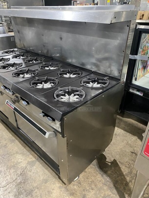 Garland Commercial Natural Gas Powered 12 Burner Stove! With 2 Full-Sized Ovens! With Metal Oven Racks! With Raised Back Splash & Salamander Shelf! Stainless Steel! On Casters! Working When Removed! - Image 4 of 10