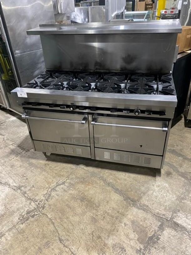GREAT! Sunfire Commercial Natural Gas Powered 10 Burner Stove! With Raised Back Splash And Salamander Shelf! With 2 Full Size Oven Underneath! All Stainless Steel! On Legs! Model: SX102626 SN: 0503100119229