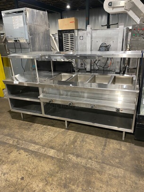 AWESOME! Delfield Commercial Custom Made Electric Powered 4 Well Steam Table! With Over Head Shelf! With Storage Space Underneath! All Stainless Steel! On Legs! WORKING WHEN REMOVED! Model: V1416032 SN: 84833601M 208/30V 60HZ 1 Phase