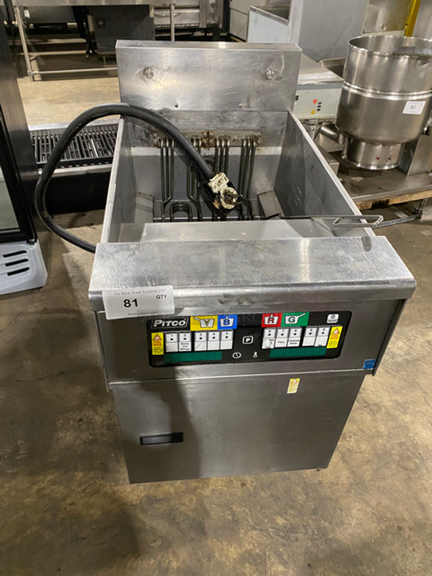 Pitco Soltice Commercial Electric Powered Deep Fat Fryer! With Backsplash! All Stainless Steel! Front Legs And Back Casters! Model: SEF184 SN: E08FA018388 208V 60HZ