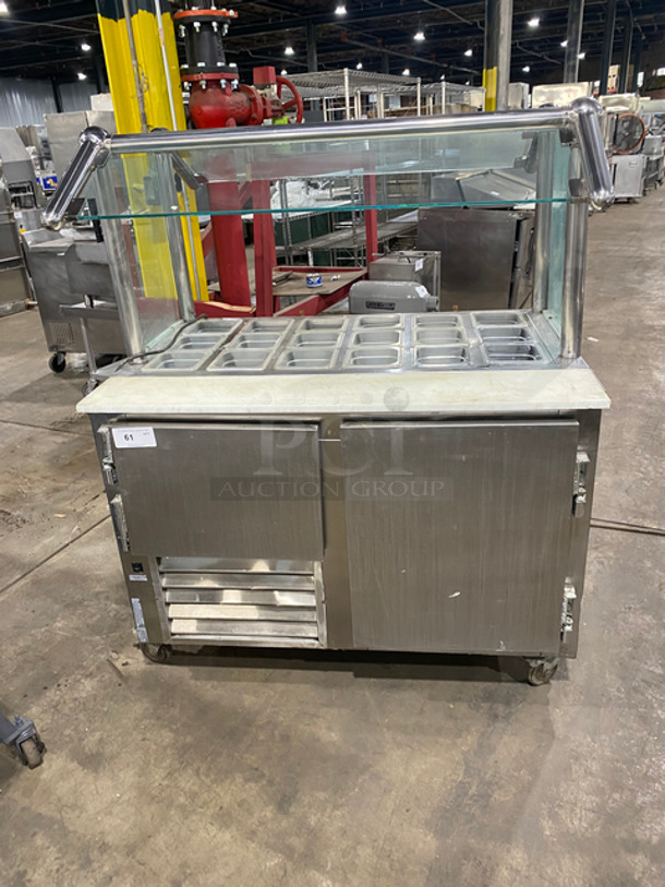 Commercial Mega Top Sandwich Prep Station! With Sneeze Guard! With Commercial Cutting Board! With 2 Door Storage Space Underneath! All Stainless Steel! On Casters!