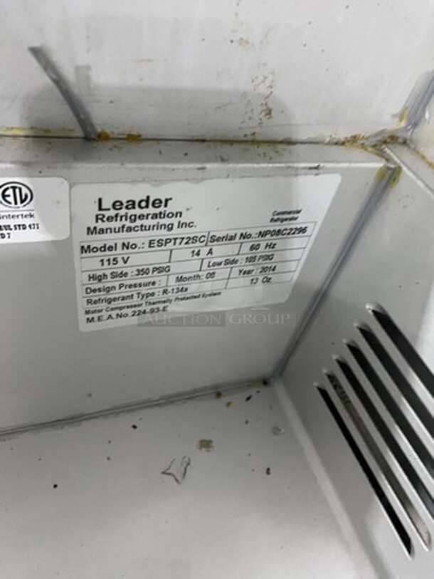 Leader Commercial Refrigerated Pizza Prep Table! With 3 Door Storage Space Underneath! All Stainless Steel! Model: ESPT72SC SN: NP08C2296 115V 60HZ 1 Phase - Image 9 of 10