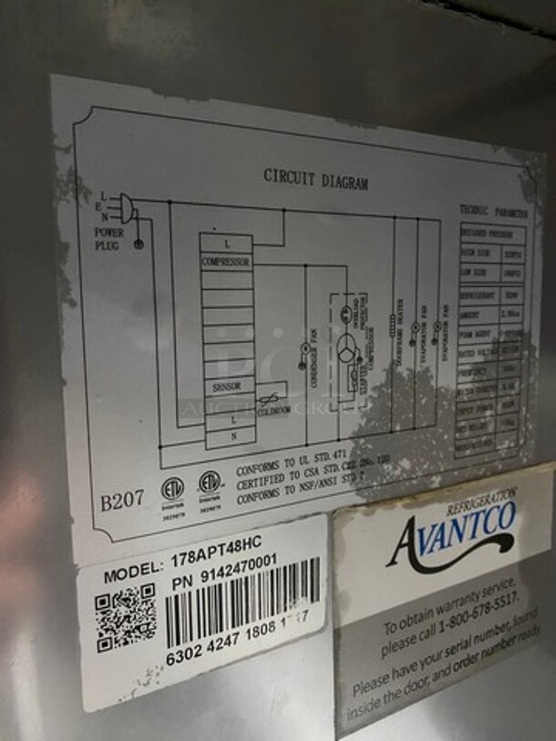 Avantco Commercial Refrigerated Mega Top Sandwich Prep Table! With 2 Door Storage Space Underneath! All Stainless Steel! On Casters! Model: 178APT48HC SN: 6302424718081717 115V - Image 7 of 7