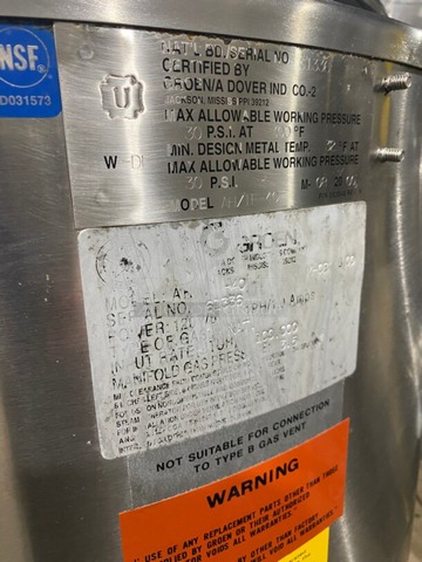 Nice! GROEN Natural Gas Powered All Stainless Steel Commercial Jacketed Steam Kettle! Model GG40! On Legs! - Image 8 of 9