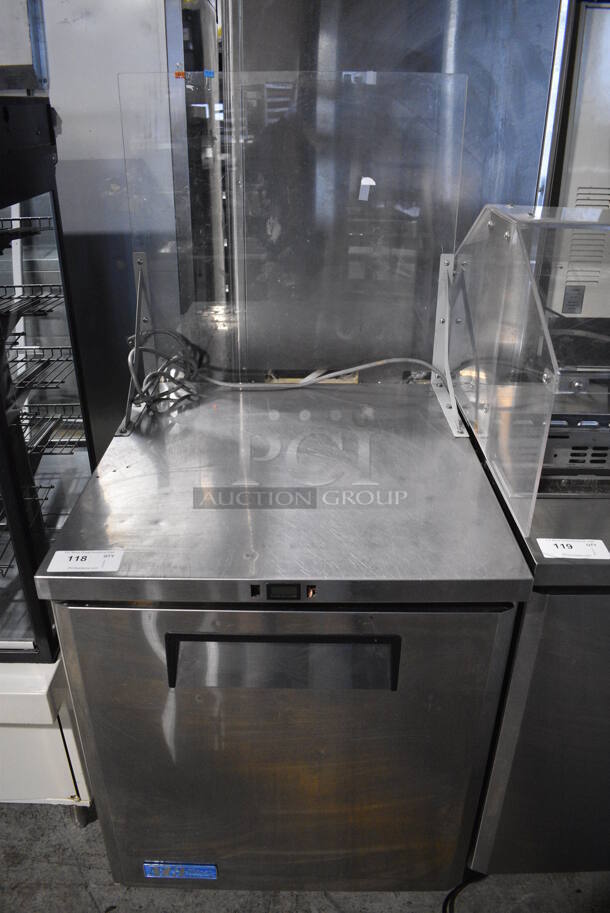 Turbo Air Model MUR-28 Stainless Steel Commercial Single Door Under Counter Cooler w/ Poly Clear Sneeze Guard. 115 Volts, 1 Phase. 27.5x30x63. Tested and Powers On But Temps at 52 Degrees