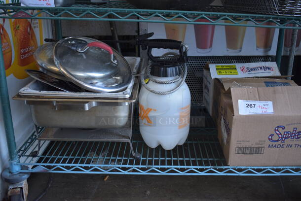 ALL ONE MONEY! Tier Lot of Various Items Including 3 Boxes of Sugar Types, Metal Chafing Dish, Lids and Sprayer