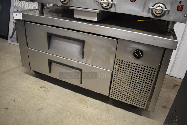 2012 True TRCB-48 Stainless Steel Commercial 2 Drawer Chef Base on Commercial Casters. 115 Volts, 1 Phase. 48x32x25.5. Tested and Powers On But Temps at 45 Degrees