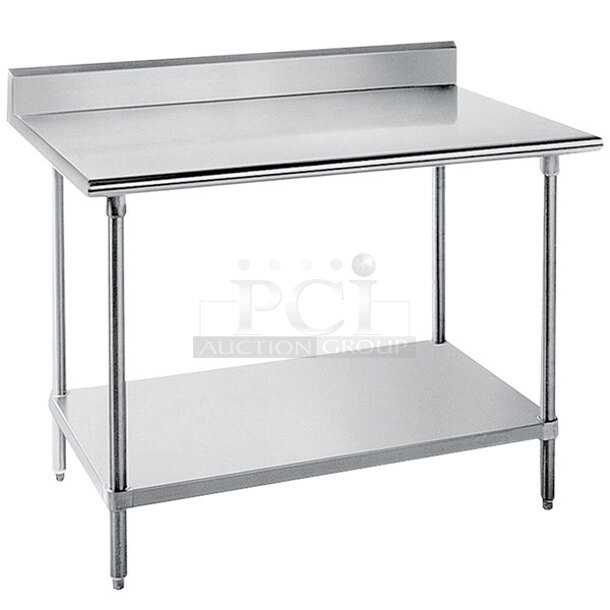 BRAND NEW IN CRATE! Advance Tabco KMG-305 Stainless Steel Commercial Table w/ Back Splash and Under Shelf. Stock Picture Used As Gallery Picture