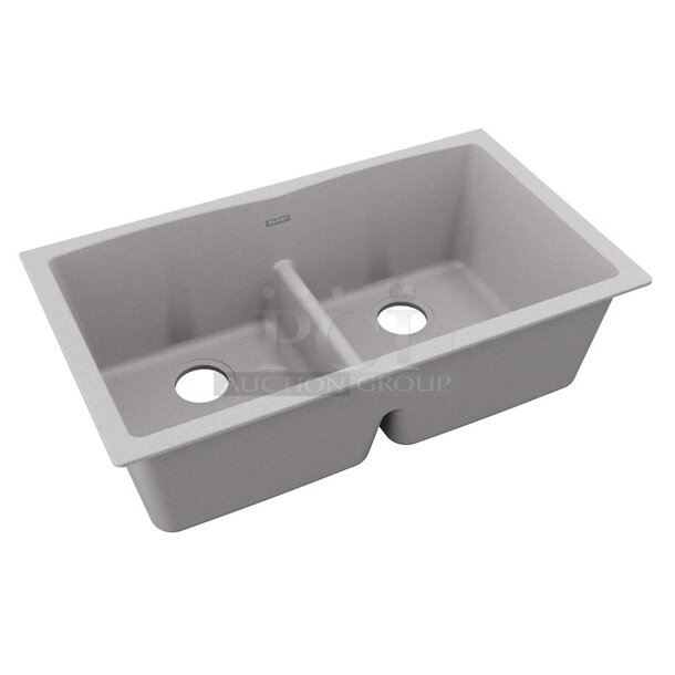 BRAND NEW SCRATCH AND DENT! Elkay ELGDULB3322GS0 Elkay Quartz Classic 33" x 19" x 10" Equal Double Bowl Undermount Sink with Aqua Divide Greystone. Stock Picture Used For Gallery Picture. - Image 1 of 6