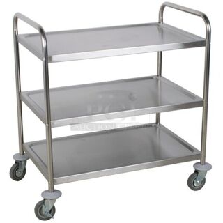 BRAND NEW IN BOX! Choice Stainless Steel 33 3/4" x 21" x 37" Knocked Down 18 Gauge 3 Shelf Utility Cart on Casters. 