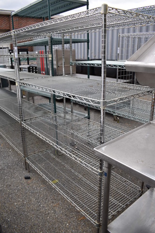 Chrome Finish 4 Tier Wire Shelving Unit. BUYER MUST DISMANTLE. PCI CANNOT DISMANTLE FOR SHIPPING. PLEASE CONSIDER FREIGHT CHARGES. 48x24x63