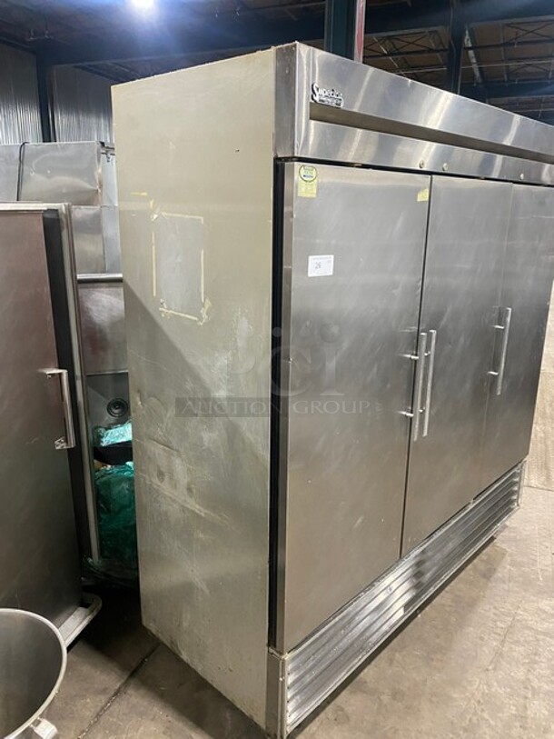 BEAUTIFUL! True Commercial 3 Door Reach In Refrigerator! With Poly Coated Racks! All Stainless Steel! Model T72 Serial 12432016! 115V 1Phase! On Casters! WORKING WHEN REMOVED! - Image 2 of 9