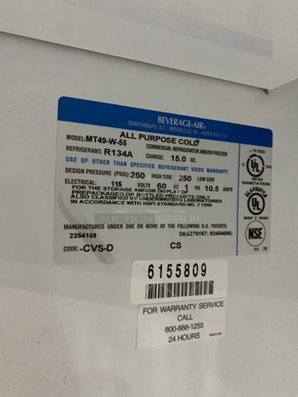 Beverage Air 2 Door Glass Reach In Freezer Merchandiser! Model MT49W55 Serial 6155809! 115V 1 Phase!  - Image 8 of 9