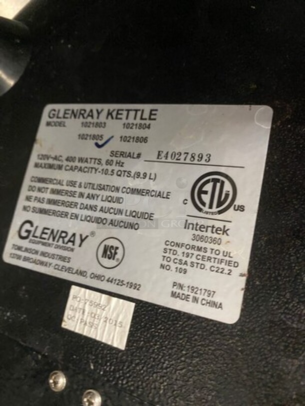 Glenray Commercial Countertop Food Warmer Soup Kettle! SN: E4027893 120V - Image 7 of 8