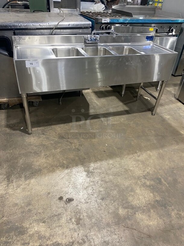SWEET! L & J Commercial 3 Bay Bar Back Sink! With Dual Side Drain Boards! With Back Splash! With Faucets And Handles! All Stainless Steel! On Legs! - Image 1 of 9