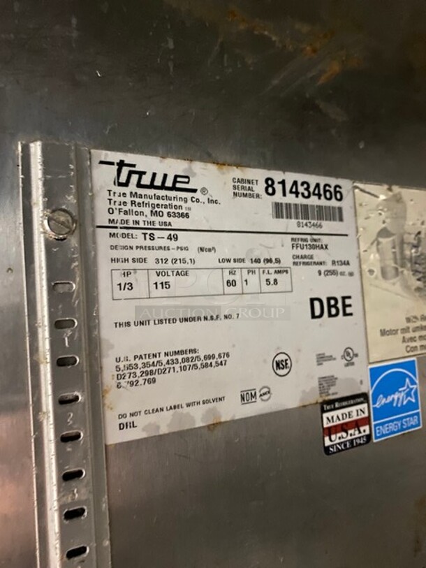 True Commercial 2 Door Reach In Refrigerator! With Poly Coated Racks! All Stainless Steel! On Casters! Model: TS49 SN: 8143466 115V 60HZ 1 Phase - Image 7 of 8
