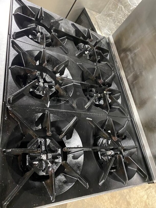 Sunfire Commercial Natural Gas Powered 6 Burner Stove! With Raised Backsplash & US Range Cheese Melter/Salamander Overhead! With Full Size Oven Underneath! All Stainless Steel! On Commercial Casters! - Image 5 of 10