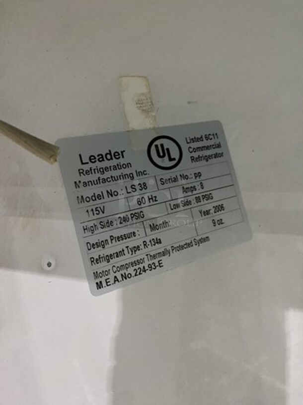 Leader 2 Glass Sliding Reach In Cooler Merchandiser! Model LS38! 115V 1 Phase!  - Image 7 of 8