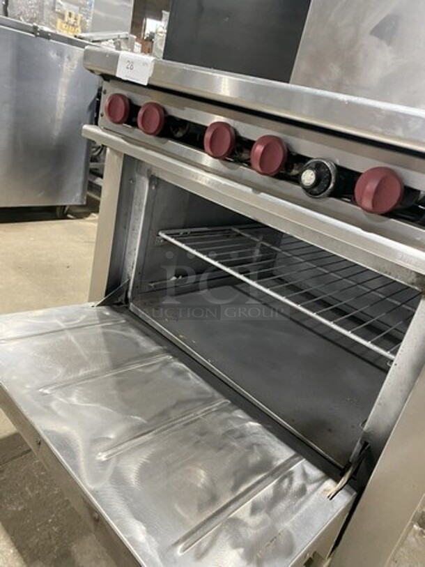 Nice! 2016 Therma Tek Natural Gas Powered 6 Burner Range! With Full Size Oven Underneath! With Raised Back Splash! Model TMD36-6-1N! On Commercial Casters! Working When Removed!  - Image 7 of 9