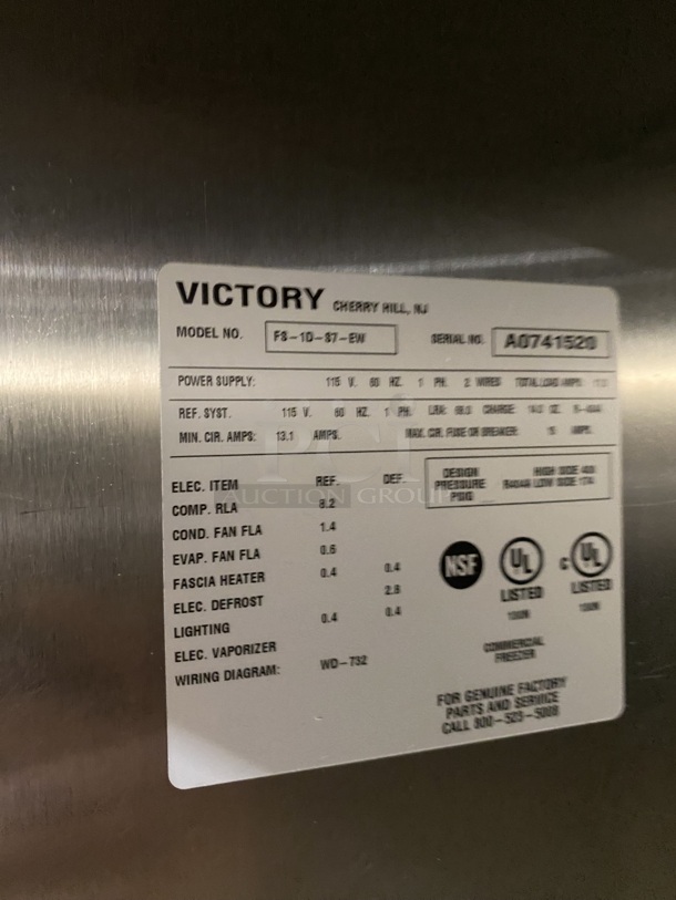 VICTORY Commercial Single Door Reach In Freezer! All Stainless Steel! Working When Removed! MODEL: FS-1D-S7-EW SN:A0741520 115V 1PH!
 - Image 8 of 8