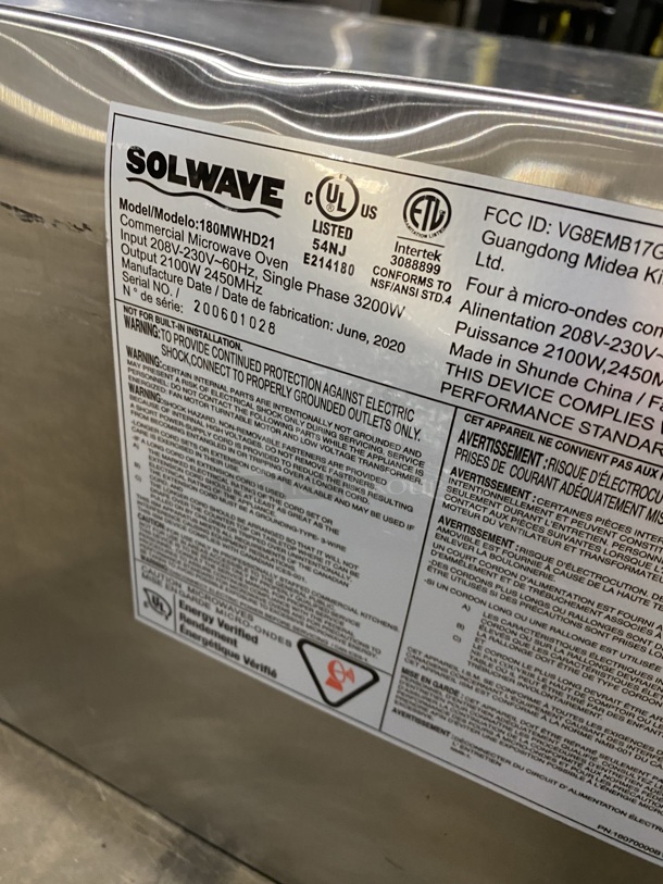 2020 SOLWAVE All Stainless Steel Countertop Microwave Oven! Model 180MWHD21 Serial 200601028 208-230V/60Hz/1 Phase - Image 5 of 8
