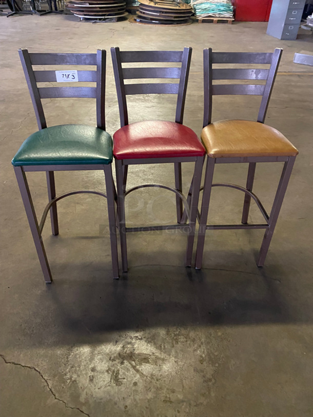 Green, Red, And Tan Bar Height Chairs! With Footrest! With Brown Metal Body! 3x Your Bid!