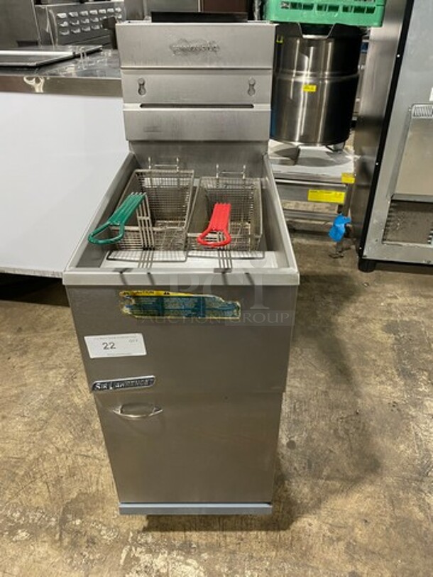 Pitco Sir Lawrence Commercial Natural Gas Powered Deep Fat Fryer! With Metal Frying Baskets! With Backsplash! All Stainless Steel! On Legs! - Image 1 of 9