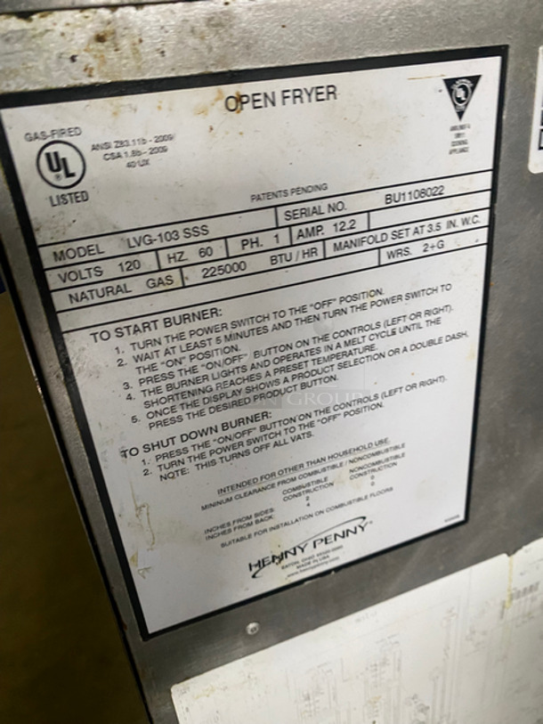 Amazing! Henny Penny Commercial Natural Gas Powered 6 Section/Bay Deep Fat Fryer! With Oil Filter System! With Fryer Covers! All Stainless Steel! On Casters! Model: LVG103SSS SN: BU1108022 120V 60HZ 1 Phase! - Image 9 of 12