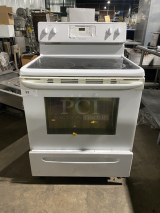  Electric Powered 4 Burner Stove! With Full Size Oven Underneath! Model: FFEF3018LWE SN: VF15058348! Working When Removed! On Legs!