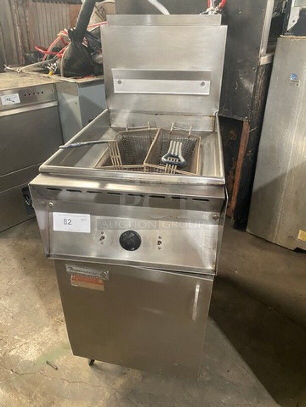 Frymaster Commercial Natural Gas Powered Deep Fat Fryer! With 2 Frying Baskets! With Backsplash! All Stainless Steel! On Legs! Model: MJ36G2TSSPD SN: 67D1815BU - Item #1075613