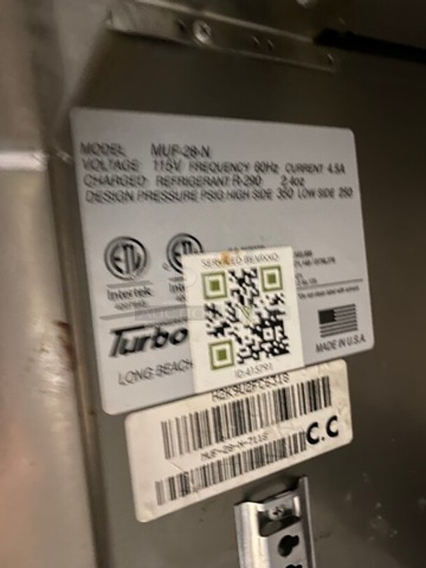 Turbo Air Commercial Single Door Lowboy/ Worktop Freezer! With Poly Coated Rack! With Plexi Glass! All Stainless Steel! On Legs! (Measurements Are Without Plexi Glass!) Model: MUF28N SN: H2K9U2FC631S 115V 60HZ 1 Phase - Image 7 of 8