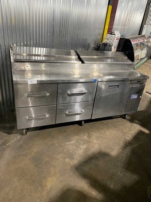 Randell Commercial Refrigerated Pizza Prep Table! With Single Door Storage Space! With 4 Drawers Underneath! All Stainless Steel! On Casters!