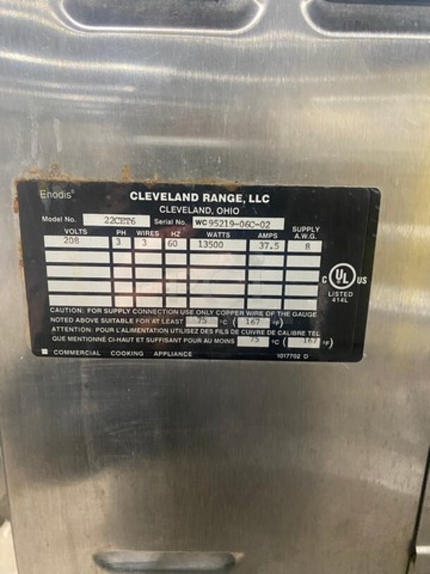 Cleveland Commercial Electric Powered Single Compartment Steam Cooker Cabinet! All Stainless Steel! On Legs! Model: 22CET6 SN: WC9521906C02 208V 60HZ 3 Phase - Image 7 of 12