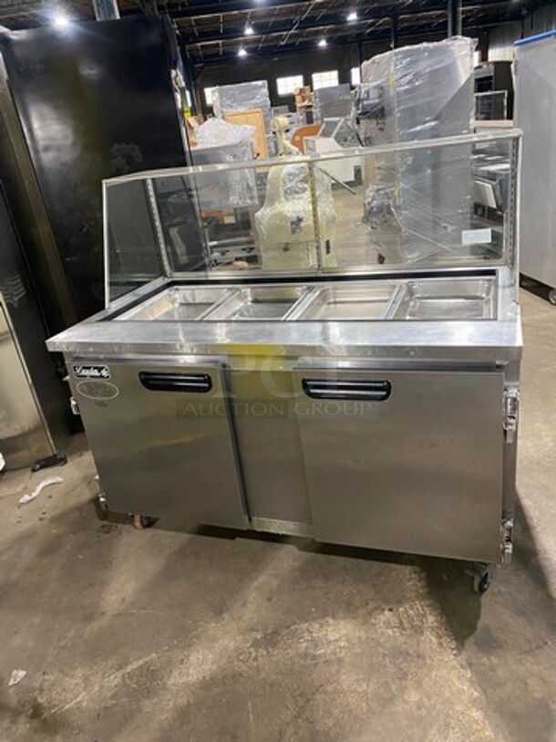 Leader Commercial Refrigerated Food Prep/Serve Station/Cold Pan! With Sneeze Guard! With 2 Door Underneath Storage Space! Stainless Steel Body! HAS BROKEN SIDE GLASS! Model ESLM60SC Serial NR11C0216B! 115V 1Phase! On Casters! - Image 4 of 10