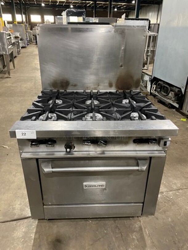 Garland Commercial Natural Gas Powered 6 Burner Stove! With Raised Back Splash! With Convection Oven Underneath! Metal Oven Rack! All Stainless Steel! On Casters!